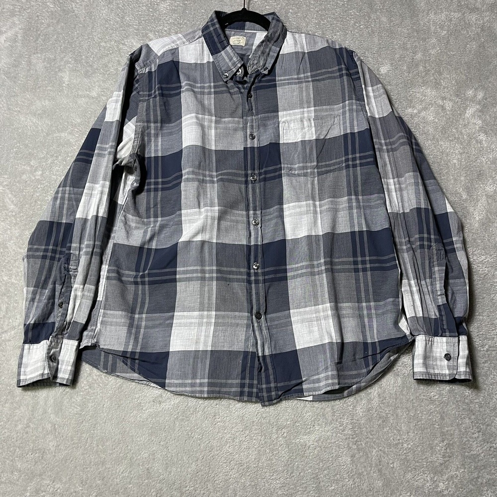 J Crew Shirt Mens Large Gray Blue Button Down‎ Plaid 2 Ply 100% Cotton